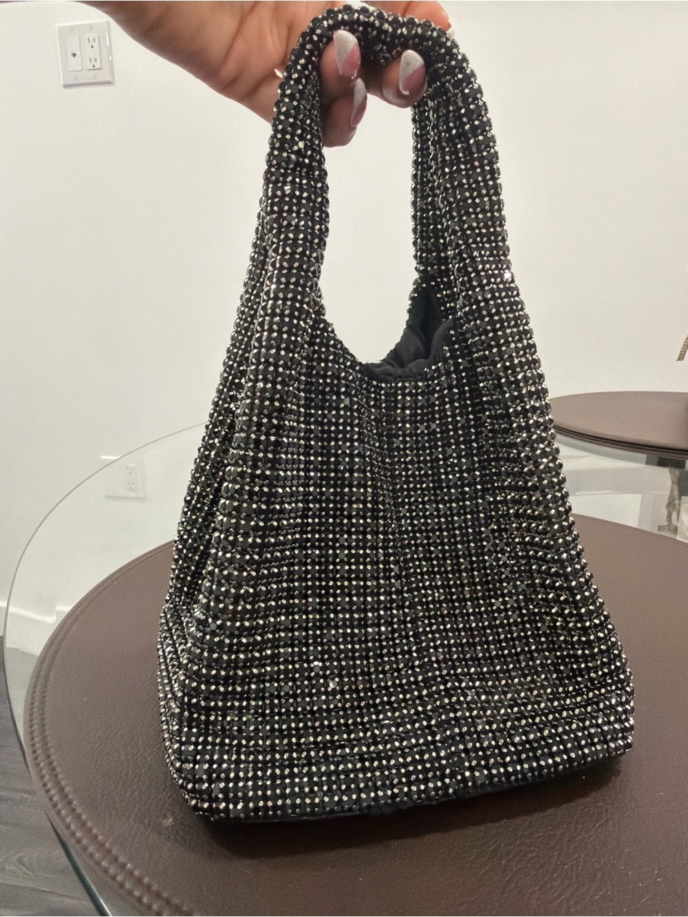 Rhinestone-Embellished Black Shoulder Bag